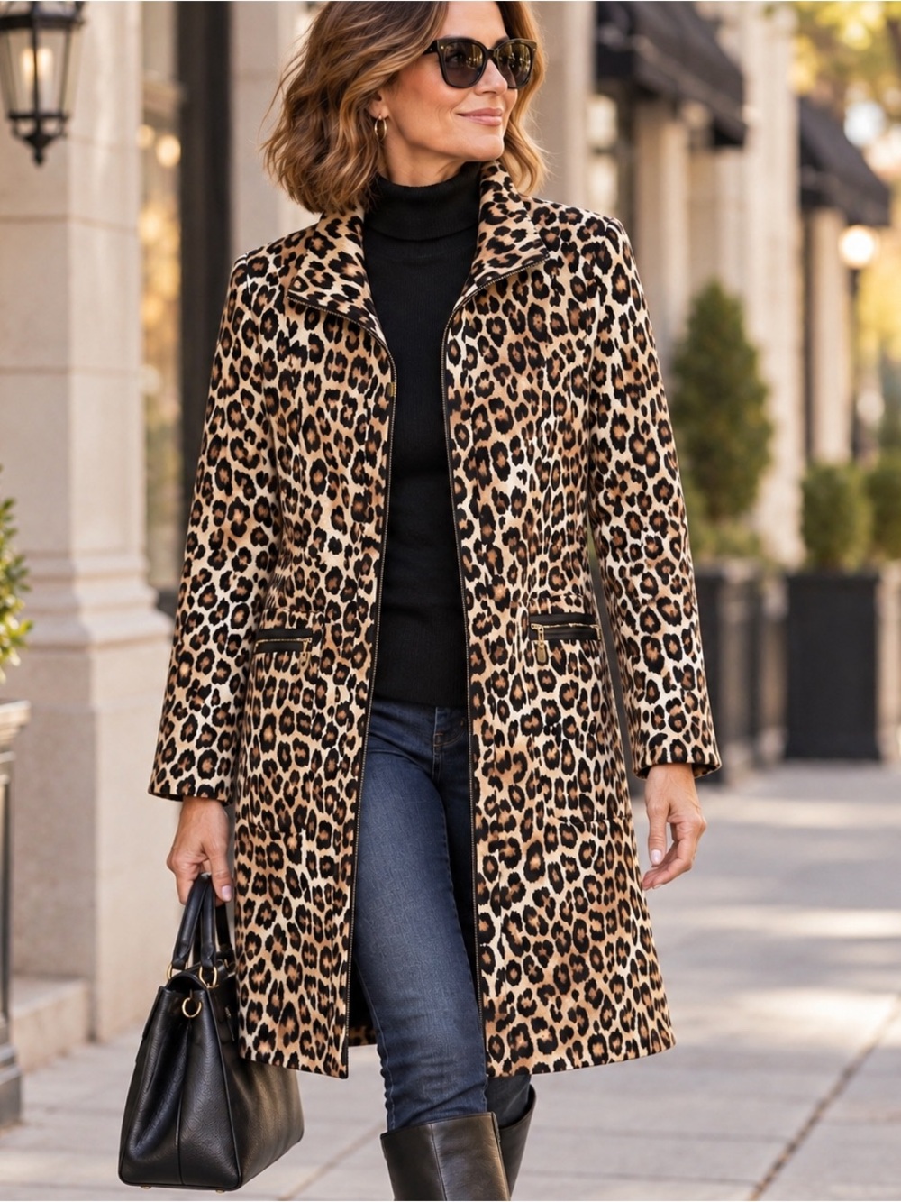 Chico’s Leopard Print Long Jacket Zip Front Faux Leather Trim Lined Sz 1/M NEW